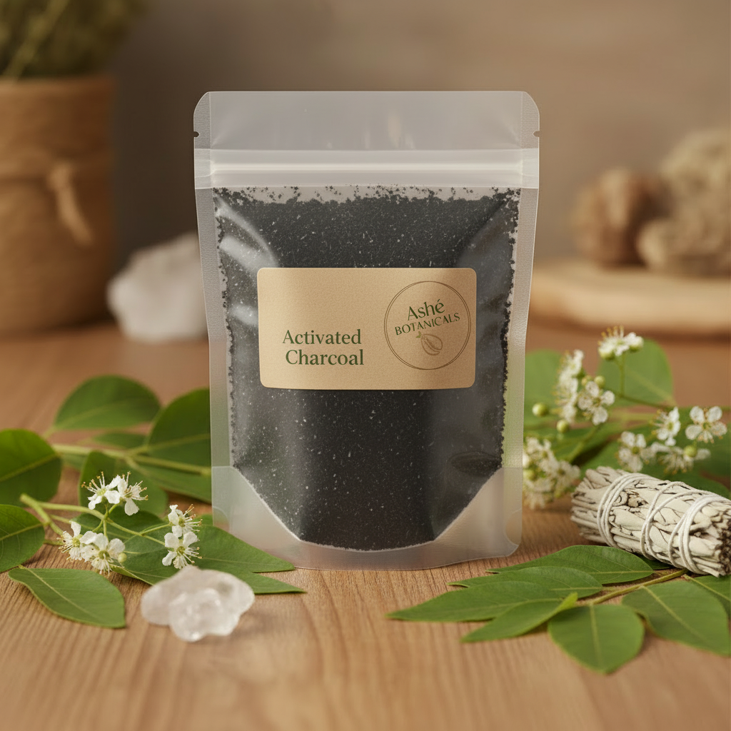Activated Charcoal with Ashe Botanicals Logo on Label