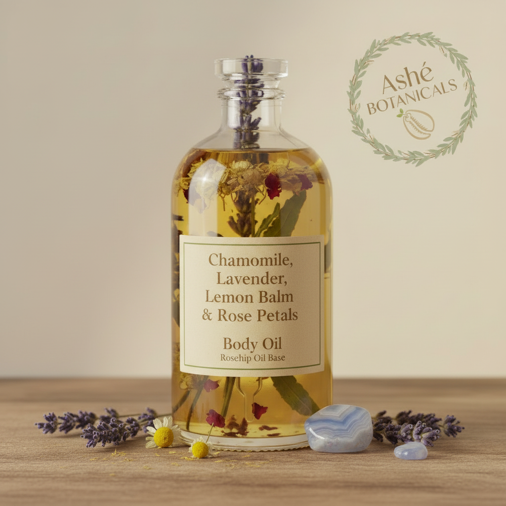 Chamomile, Lavender, Lemon Balm & Rose Petals Body Oil with Blue Lace Agate