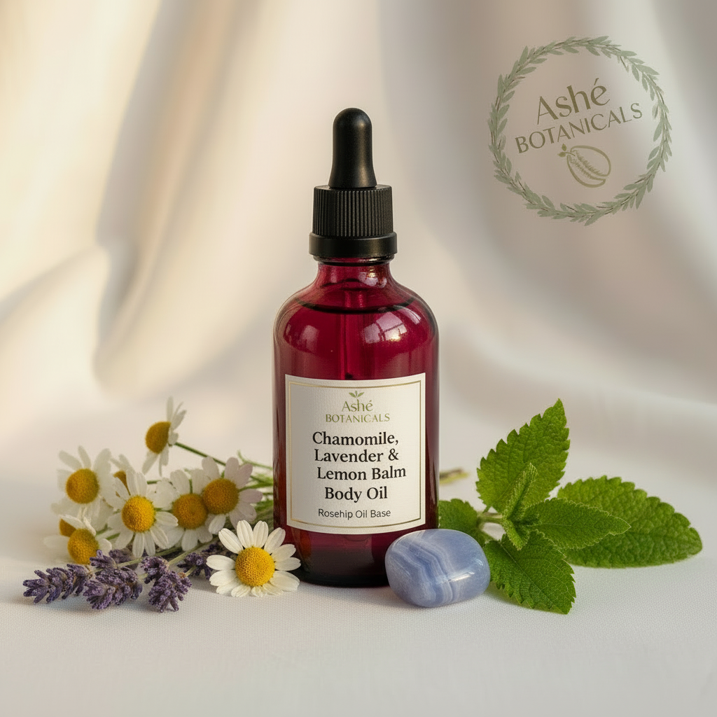 Chamomile, Lavender & Lemon Balm Body Oil with Rosehip Oil Base and Blue Lace Agate